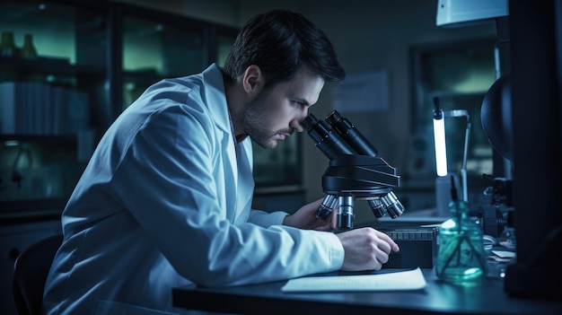 Ein Arzt untersucht biologisches Material unter dem Mikroskop