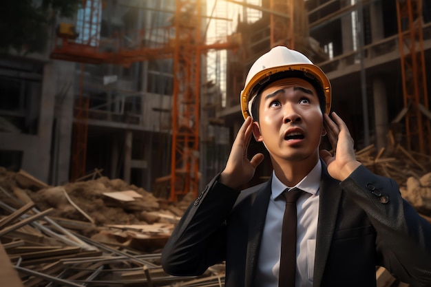 ein asiatischer Baumeister, der große Probleme auf der Baustelle untersucht