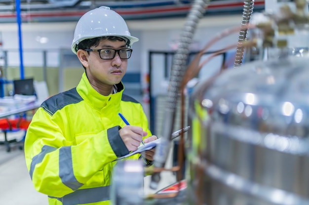 Foto ein asiatischer ingenieur arbeitet in der operationshalle. die thailänder tragen helme. er arbeitete fleißig und geduldig. er überprüfte den ventilregulator am wasserstoffbehälter.