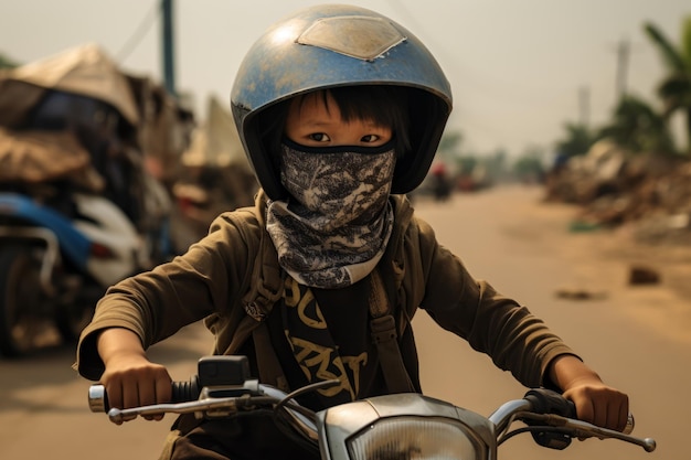 Ein asiatischer Junge mit Helm fährt auf einem Motorrad