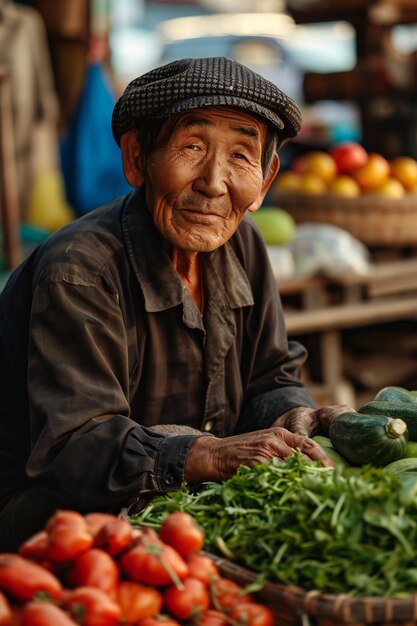 Ein asiatischer Mann auf einem belebten Gemüsemarkt