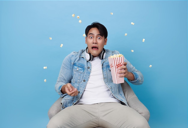 ein asiatischer Mann isst Popcorn und ist erschrocken, während er im Kino sitzt und einen Film sieht