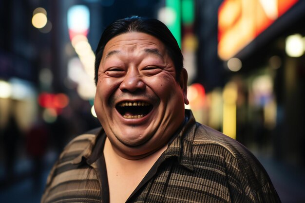 Ein asiatischer Mann lacht nachts auf der Straße. Er trägt ein Hemd.