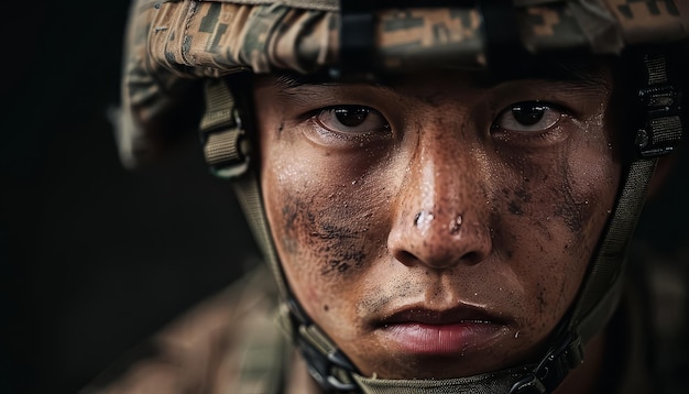 Ein asiatischer Mann mit einem Helm auf dem Kopf und einem schmutzigen Gesicht