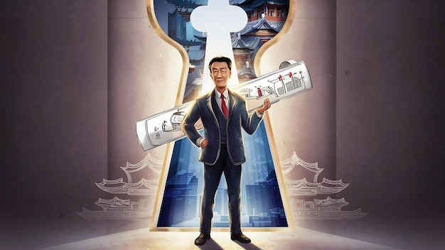Ein asiatischer Mann steht vor einem Schlüsselloch und zeichnet ein Geschäftskonzept