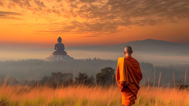 Ein asiatischer Mönch geht bei Sonnenuntergang auf dem Feld spazieren