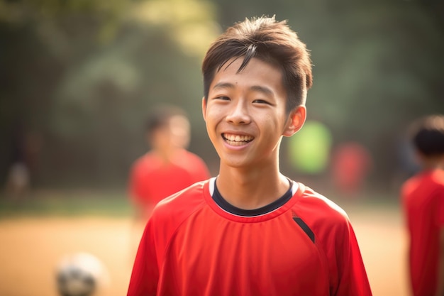 Ein asiatischer Teenager, der an einem Teamspiel Fußball teilnimmt. Generative KI