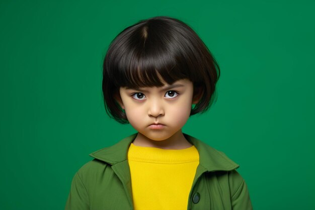 Ein asiatisches kleines Mädchen mit wütendem Gesichtsausdruck posiert für ein Foto