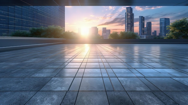 Ein asphaltierter, leerer Straßenrand vor dem Hintergrund einer Stadtlandschaft. Futuristische Illustration zukünftiger Technologien, generative KI