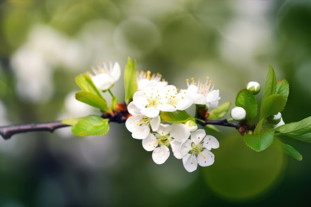 Ein Ast eines Baumes mit weißen Blüten und grünen Blättern