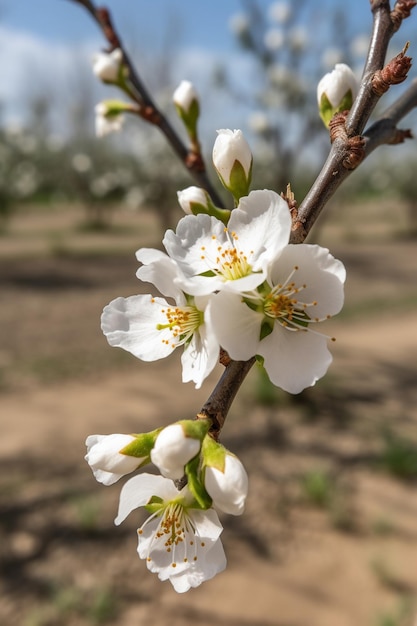 Ein Ast eines Baumes mit weißen Blüten