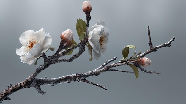 Ein Ast mit weißen Blüten und grünen Blättern