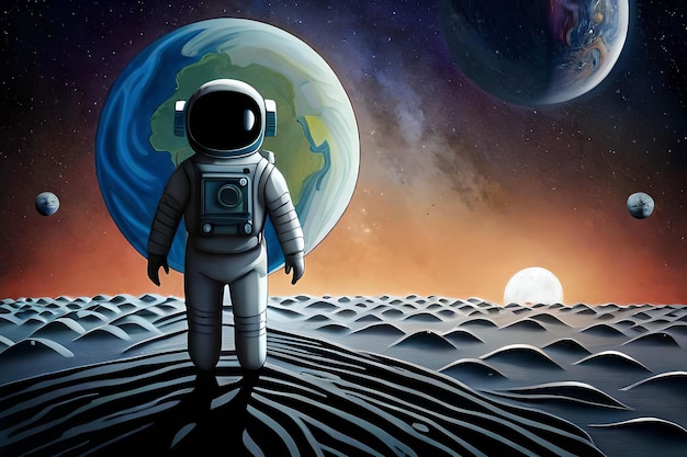 ein Astronaut auf dem Mond mit dem Planeten im Hintergrund.
