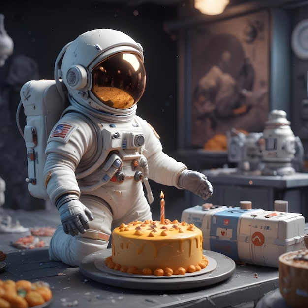 Foto ein astronaut auf einem tisch mit einem kuchen vor ihm