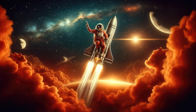Ein Astronaut auf einer Rakete fliegt durch einen lebendigen kosmischen Himmel mit einem großen Mond und fernen Planeten gegen den Hintergrund von Sternen und Nebel