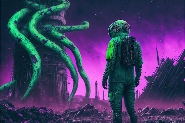 Ein Astronaut betrachtet die Ruinen einer verlassenen Stadt Der Mann im Raumanzug steht auf einer Gießereiruine und betrachtet Tentakel-Aliens Illustrationsmalerei im digitalen Kunststil