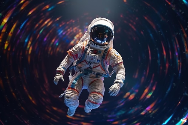 Ein Astronaut, der im Kreis schwebt, mit einem Starburst im Hintergrund.