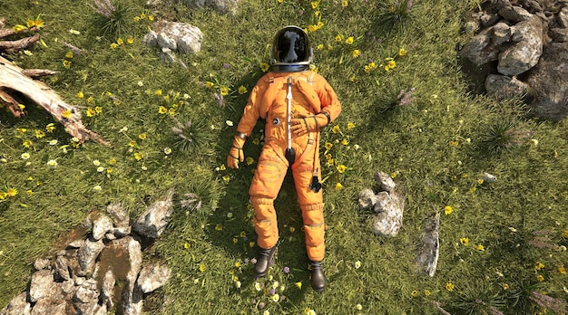 Ein Astronaut, der sich mitten auf dem Feld auf grünem Gras niederlegt 3D-Rendering