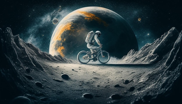 Ein Astronaut fährt mit dem Fahrrad auf der Mondoberfläche