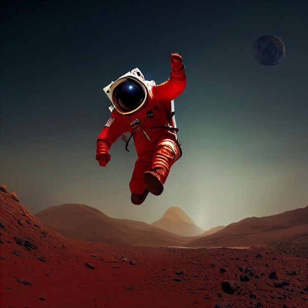 Ein Astronaut fliegt in der Luft mit dem Mond im Hintergrund.