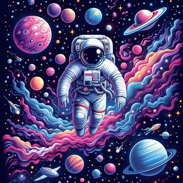 Ein Astronaut, gekleidet in einen Raumanzug mit reflektierendem Helm, schwebt inmitten eines skurrilen Kosmos