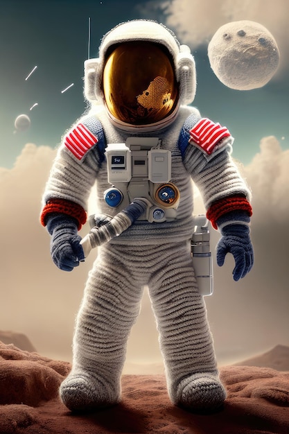 Ein Astronaut im Raumanzug mit einem Planeten im Hintergrund.