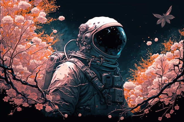 Ein Astronaut im Raumanzug mit einer rosa Blume im Hintergrund.