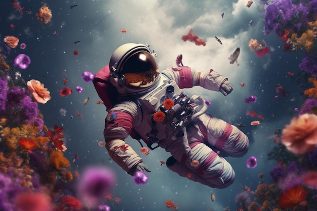 Ein Astronaut im Weltraum mit Blumen auf dem Boden