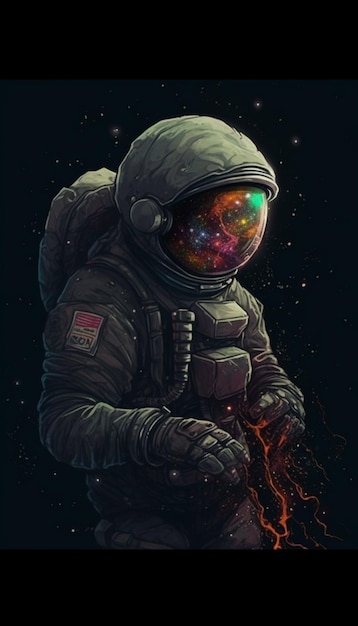 Ein Astronaut im Weltraum mit einem Feuer in der Hand.