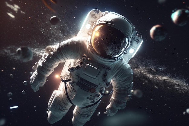 Ein Astronaut im Weltraum mit Planeten im Hintergrund