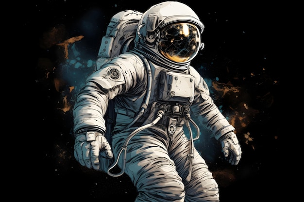 Ein Astronaut im Weltraum mit schwarzem Hintergrund.