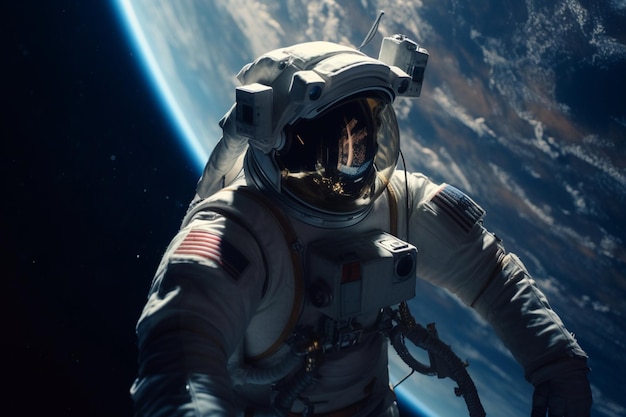 Ein Astronaut im Weltraum vor dem Hintergrund des Planeten Erde.