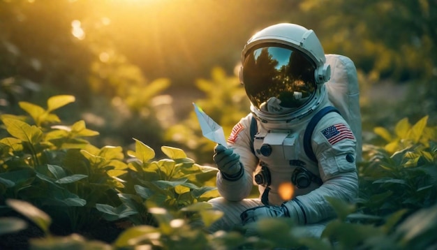 Foto ein astronaut in einem astronauten-raumanzug trägt einen raumanzug und handschuhe