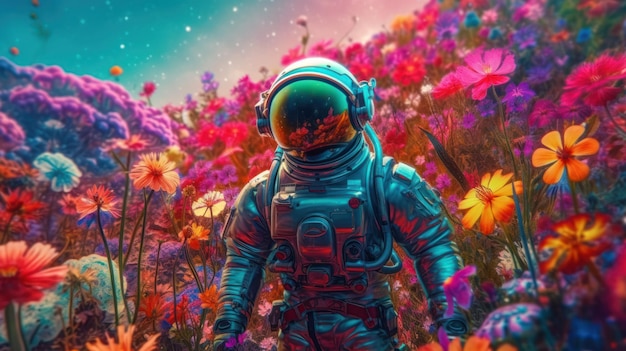 Ein Astronaut in einem Blumenfeld