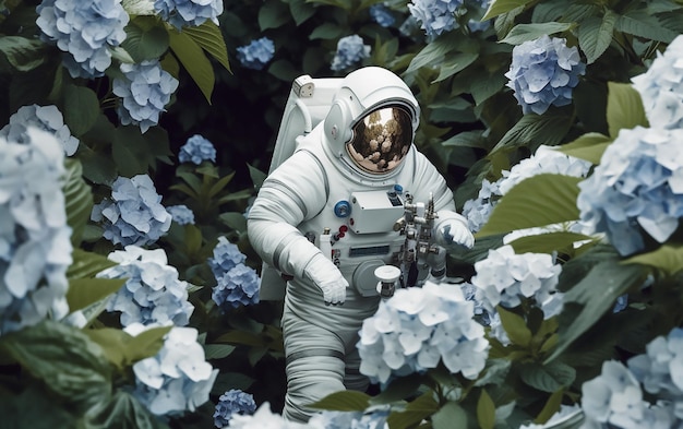 Ein Astronaut in einem Blumengarten mit Blumen