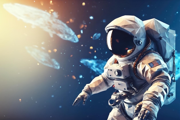 Ein Astronaut in einem Weltraumanzug fliegt im Weltraum neben Planeten und Sternen
