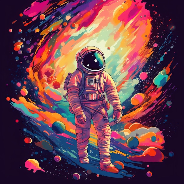 Ein Astronaut in einer Umlaufbahn mit farbigen Sternen