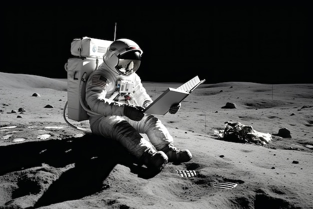 Ein Astronaut liest ein Buch über generative KI auf dem Mond