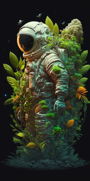 Ein Astronaut mit Pflanzen auf dem Rücken