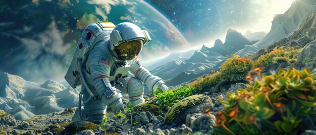 Ein Astronaut pflanzt auf einem fremden Planeten strahlendes Grün