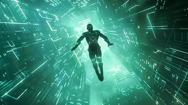Foto ein astronaut schwebt durch einen futuristischen digitalen tunnel