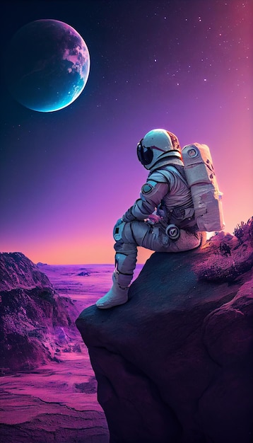 Ein Astronaut sitzt auf einem Felsen, im Hintergrund ist der Planet zu sehen.