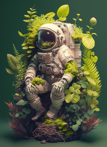 Ein Astronaut sitzt auf einem von Pflanzen umgebenen Stuhl.