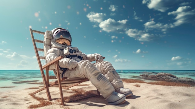 Ein Astronaut sitzt entspannt auf einem Stuhl am Strand