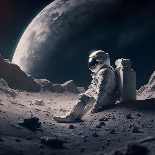 Ein Astronaut sitzt im Weltraum auf dem Mond