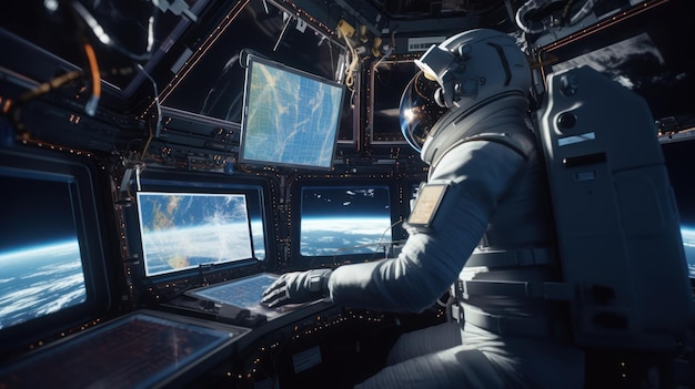 Foto ein astronaut sitzt in einer raumstation und blickt auf die erde.