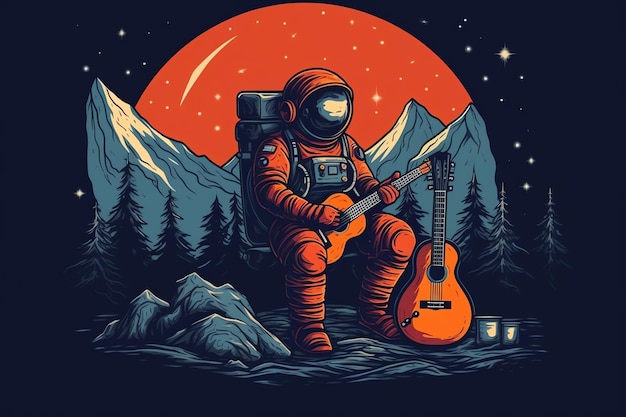 Ein Astronaut sitzt mit einer Gitarre in der Hand auf dem Mond