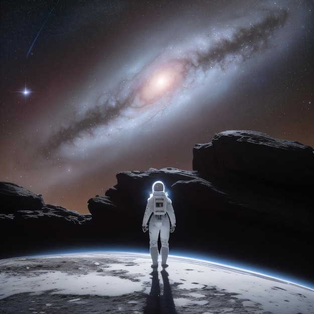 Ein Astronaut steht auf dem Mond mit der Milchstraße im Hintergrund.