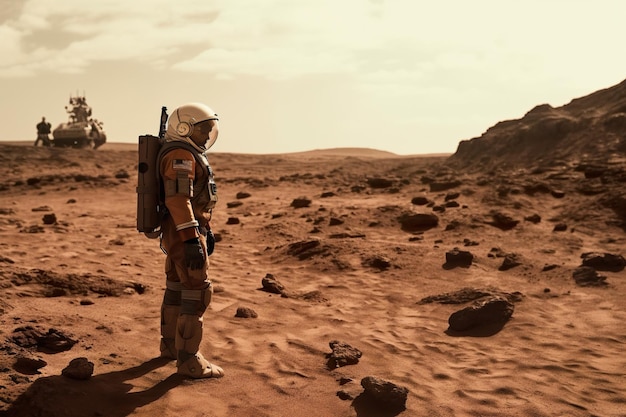 Ein Astronaut steht auf dem trockenen Boden des Planeten