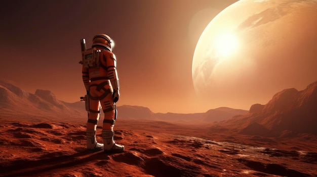 Ein Astronaut steht auf der Oberfläche des Mars und starrt auf die Erde, die sich am Horizont erhebt.